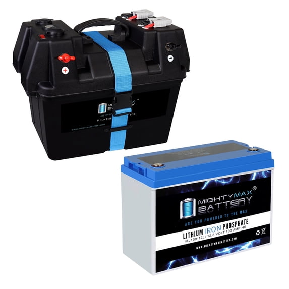 12V 100Ah Lithium Battery with Trolling Motor Smart Box for 12Volt Batteries Group 24, 27, 31 Marine Batt box with Dual USB, DC Outlet, Voltmeter and Circuit Breaker