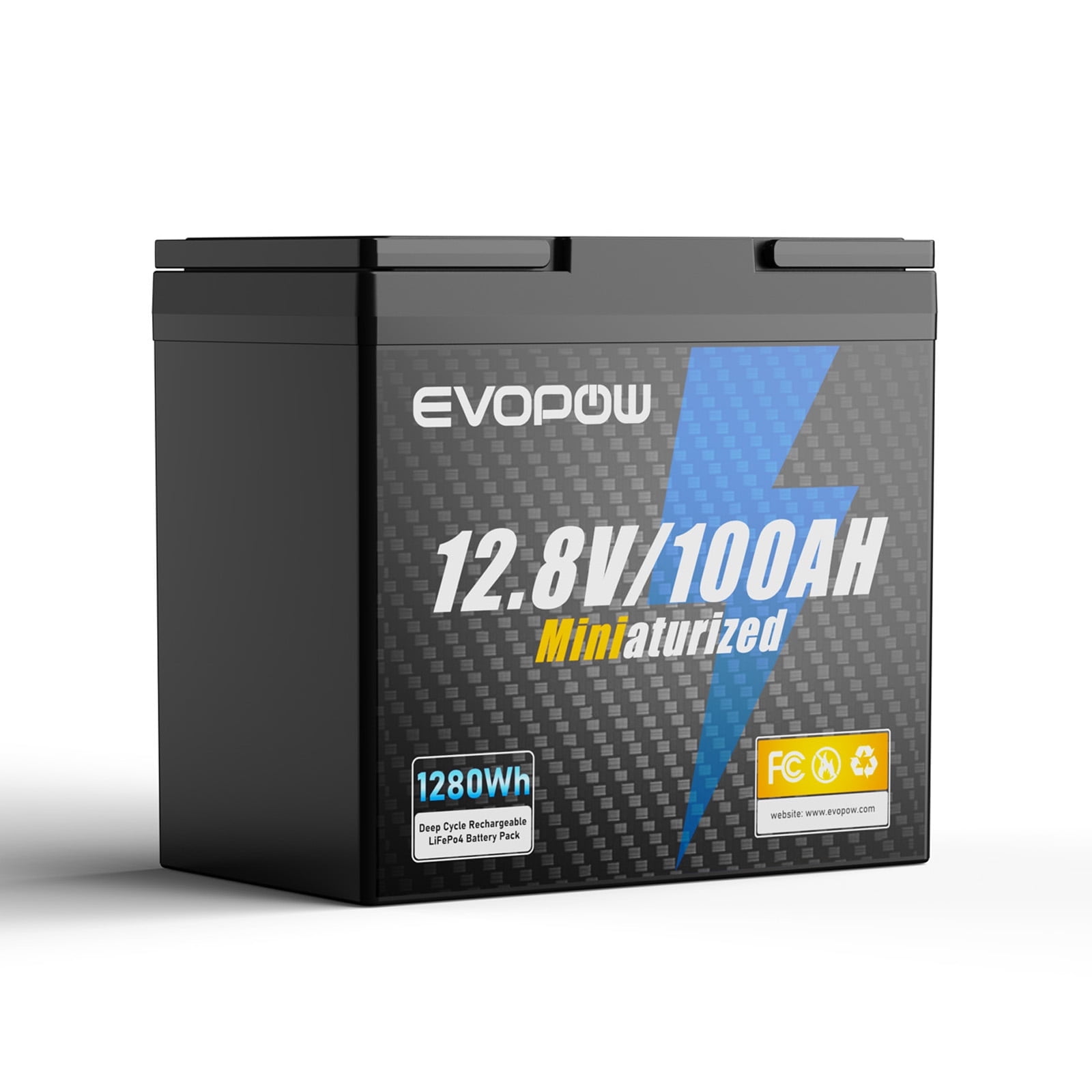 Evopow, 12V 100Ah Mini LiFePO4 Lithium Battery, Built-in 100A BMS