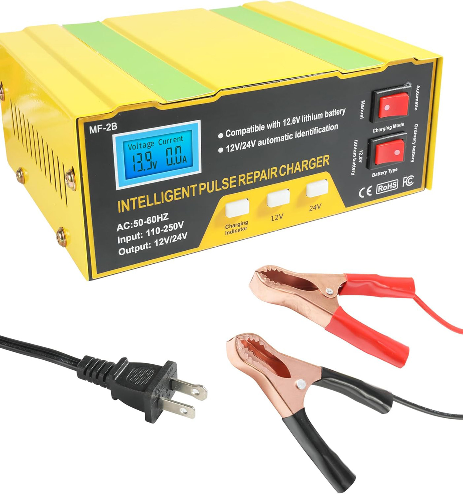 12V/24V Smart Car Battery Charger with LCD Display, Automatic & Manual Modes, for Lead-Acid and Lithium Batteries, Suitable for Cars, Trucks, Boats, and Motorcycles