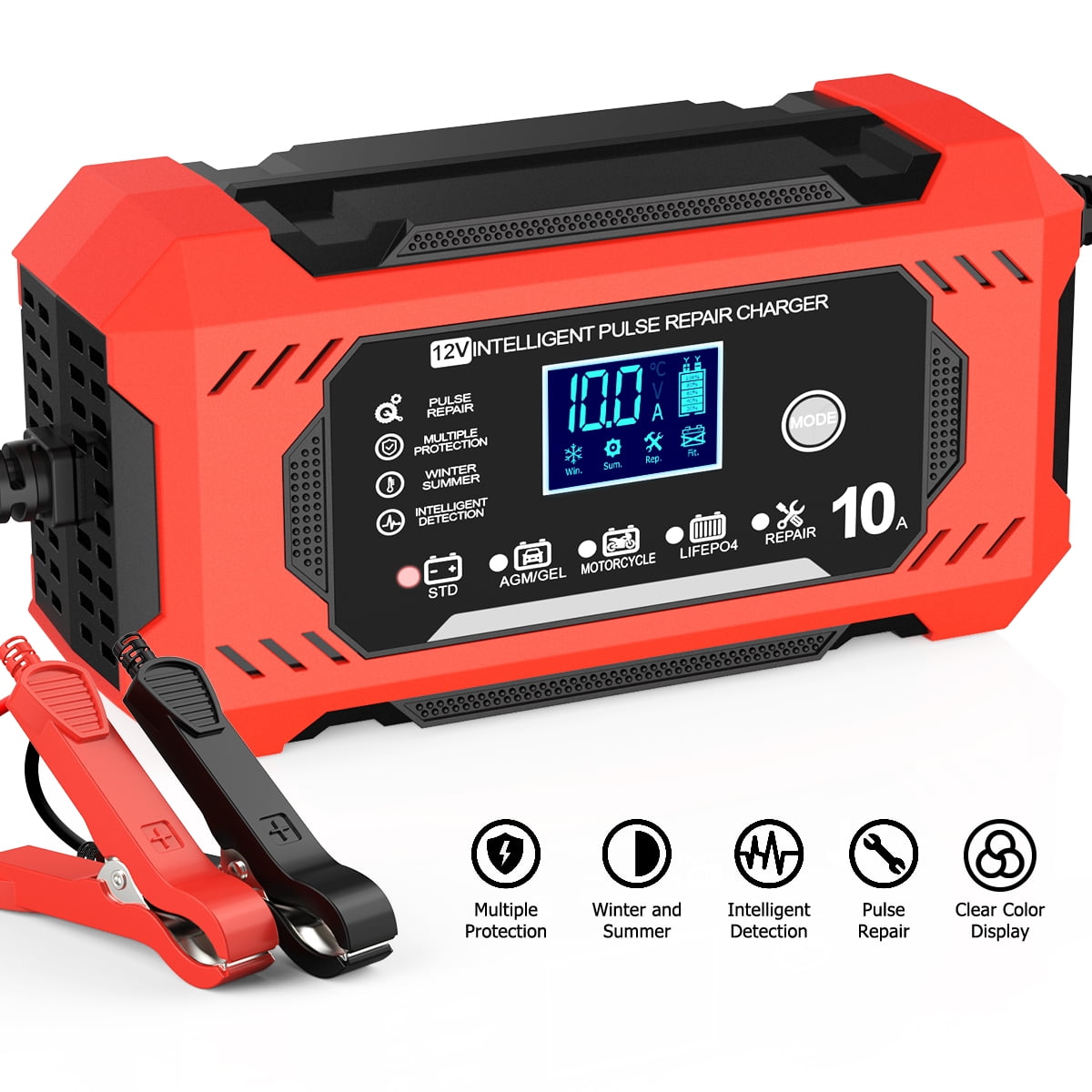 12V/10A Car Battery Charger, Battery Charger with Temperature Compensation Auto Stop, Multimodal Trickle Charger with Digital Display Screen, Touch Screen Battery Maintainer for Car Motorcycle
