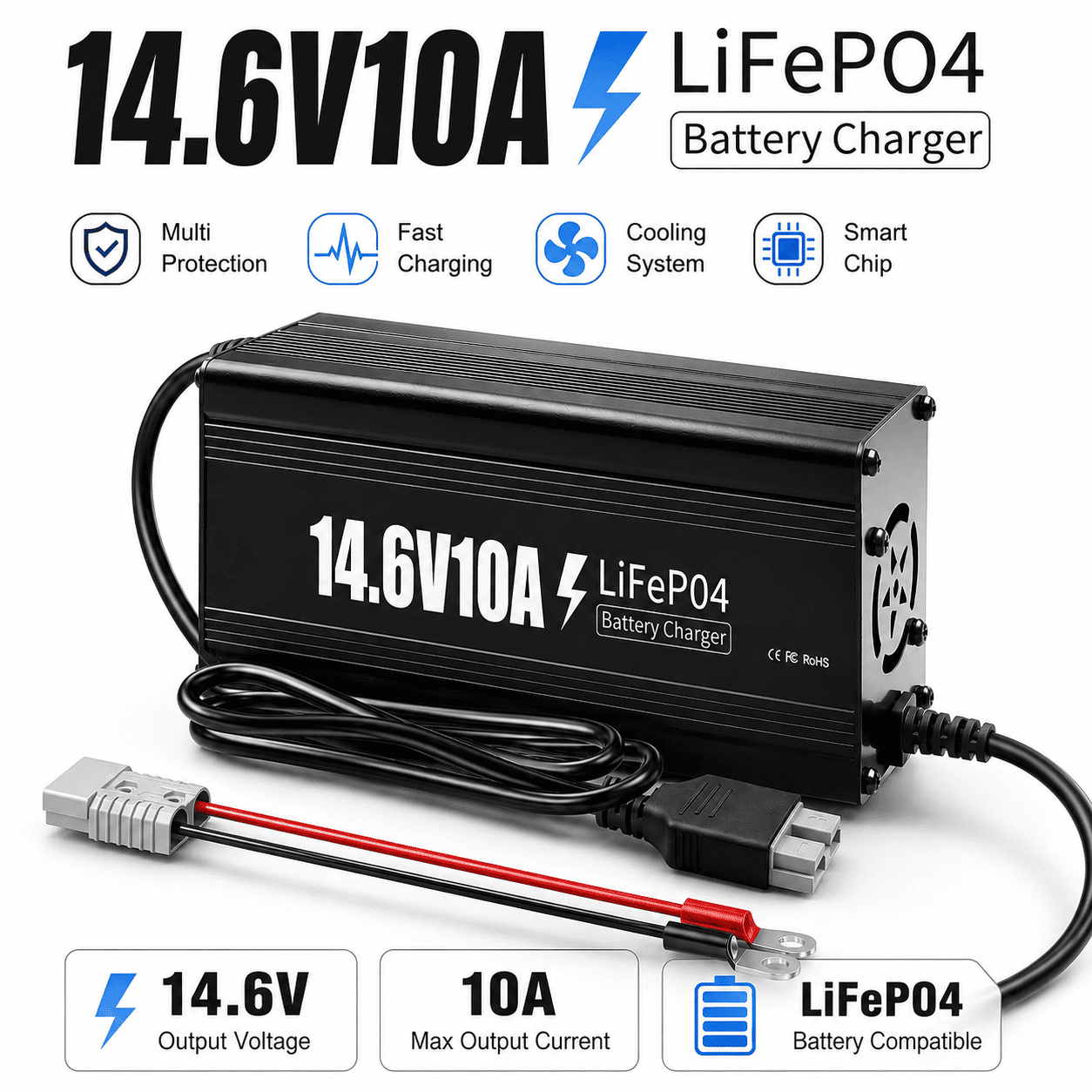 12V 10A Lithium Battery Charger, 14.6V Battery Charger with Premium Aluminum Housing - 0V Activation for LiFePO4  Golf Cart, RV, Marine, Boat, Trolling Motor - Includes Connector