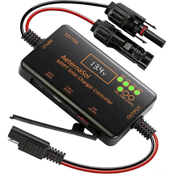 12V 10A MPPT Solar Charge Controller, PD 36W & QC 18W USB Type-C Fast Charging Port, Solar Panel Battery Regulator Compatible with LiFePO4, AGM and Gel Batteries