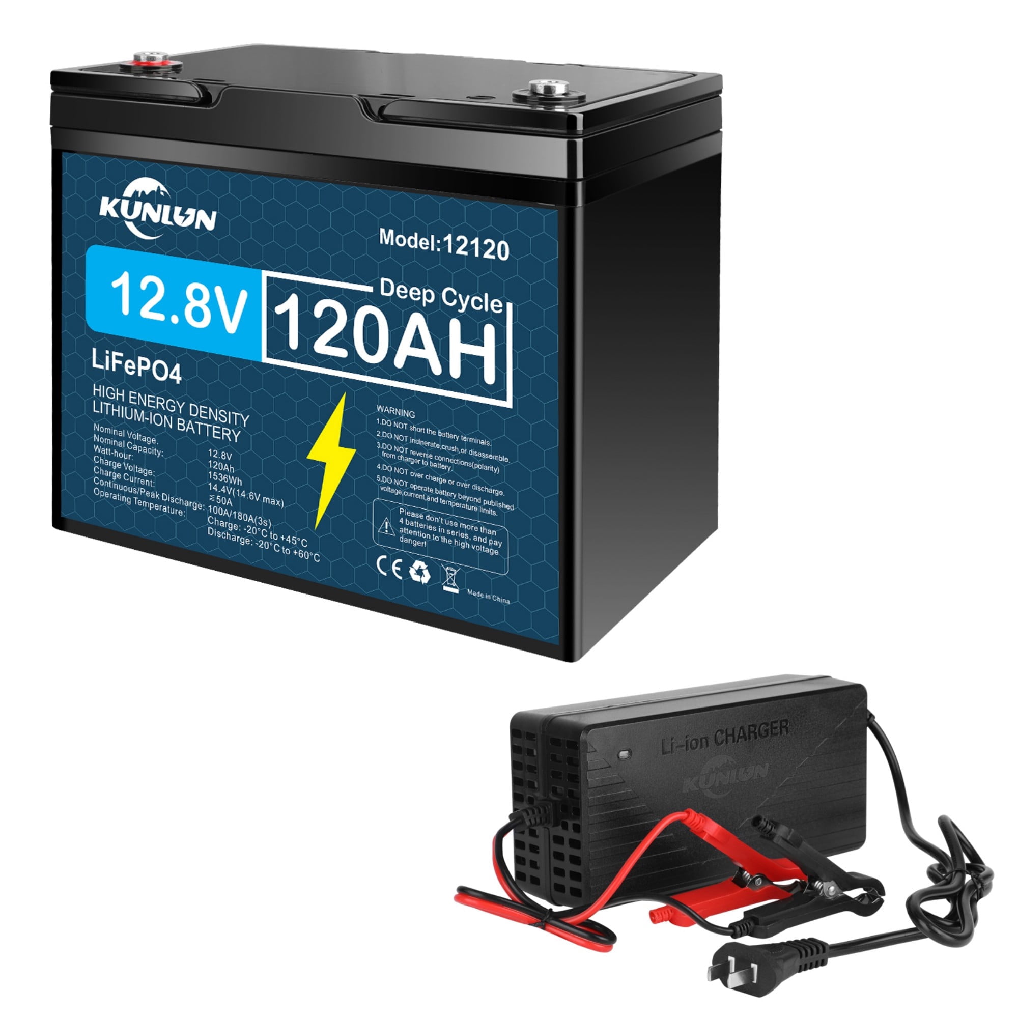 12V 120Ah LiFePO4 Lithium Battery with 20A Charger, Deep Cycle, for Trolling Motor