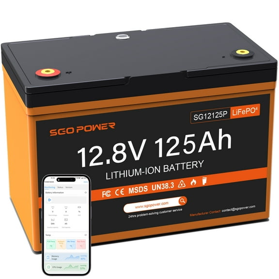 12V 125Ah LiFePO4 Battery, 100A BMS Group 27 Deep Cycle Lithium Battery for Trolling Motor, Marine, RV, Camper, Trailer, Solar System, Golf Cart with Bluetooth, Control Button 1280W, Max 15000 Cycles