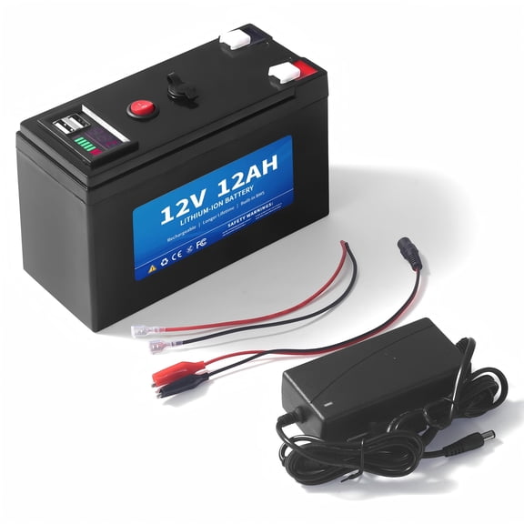 12V 12Ah Lithium Battery, Li-Ion Rechargeable Battery Pack with Dual USB Ports, Built-in BMS, 2A Charger Included, Deep Cycle Backup Power for RV Camping LED Lights Router UPS Fish Finder