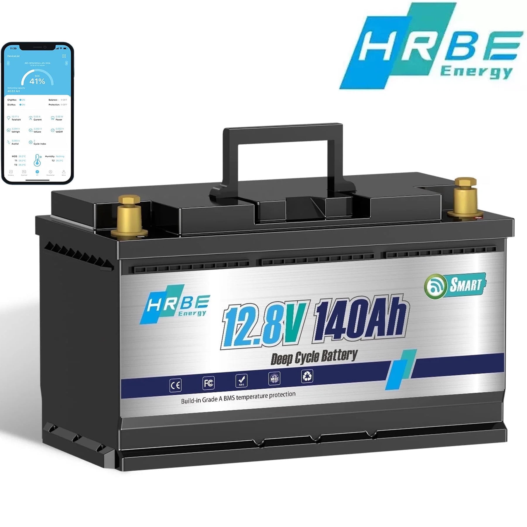 12V 140AH LiFePO4 Battery Bluetooth,for RV,Solar,Trolling Motor,Marine,Boat,Van,HRBEENERGY 15000+ Deep Cycles Lithium Batteries,Smart 100A BMS