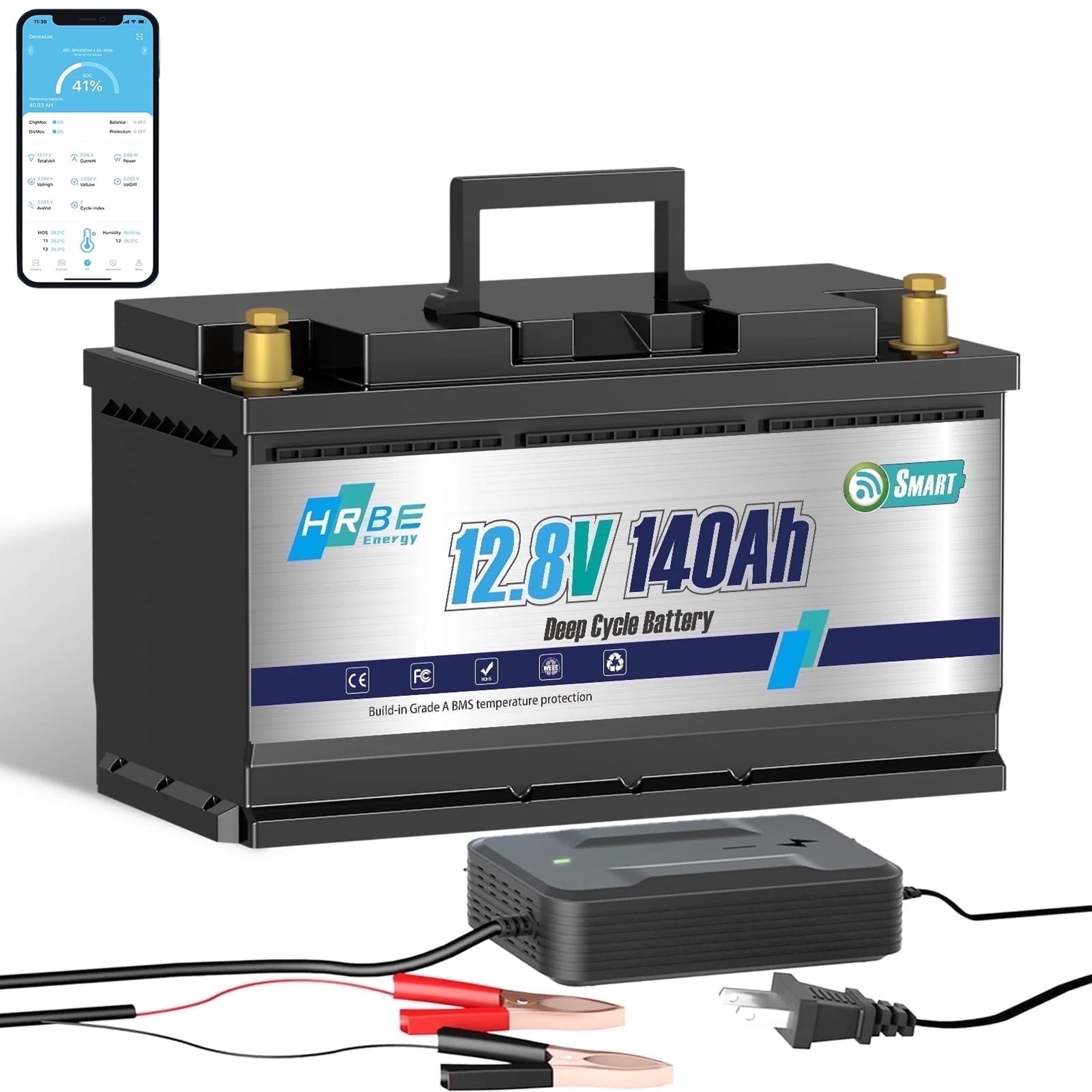 12V 140AH LiFePO4 Battery Bluetooth,for RV,Solar,Trolling Motor,Marine,Boat,Van,HRBEENERGY 15000+ Deep Cycles Lithium Battery with Charger,Smart 100A BMS