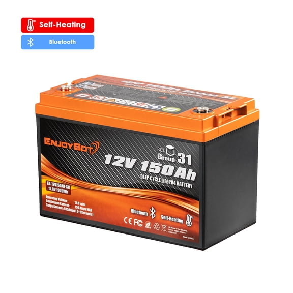 12V 150Ah LiFePO4 Battery Group 31, 150A BMS Deep Cycle Lithium Battery with Self-Heating & Bluetooth, IP67 Waterproof 4000+ Cycles for Solar, RV, Marine, Trolling Motor, Off-Grid Camping
