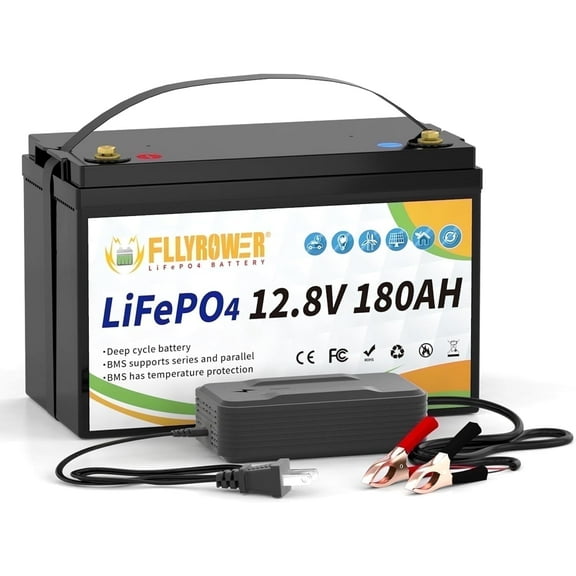 12V 180Ah LiFePO4 Battery with Charger,for Trolling Motor RV Solar Marine Camping Boat off-Grid,15000+Deep Cycles Lithium Batteries