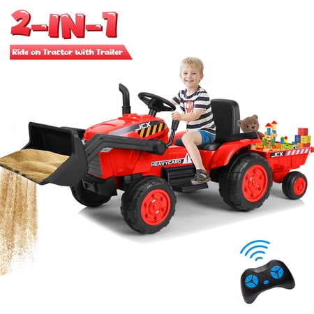 12V 2 in 1 Ride on Tractor Bulldozer Toys for Kids, Battery Powered Ride on Tractor with Remote Control, Trailer, Shovel Bucket, Digging Handle, Remote Control, Bright Headlight, Red