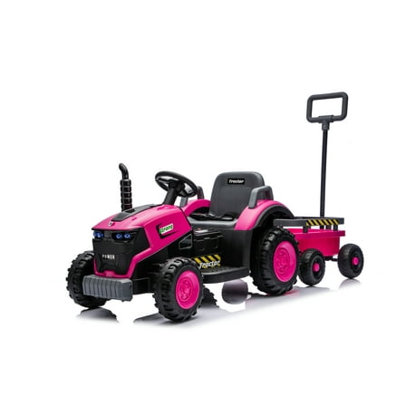 12V 2 in 1 Ride on Tractor Toys for Kids, Battery Powered Ride on Push Car with Remote Control, Tiltable & Detachable Trailer, Bright Headlight, Bluetooth, Pink