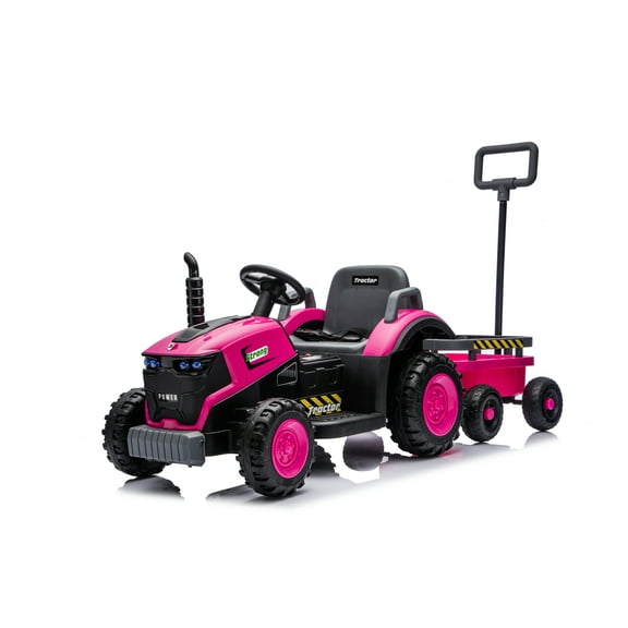 12V 2 in 1 Ride on Tractor Toys for Kids, Battery Powered Ride on Push Car with Remote Control, Tiltable & Detachable Trailer, Bright Headlight, Bluetooth, Pink