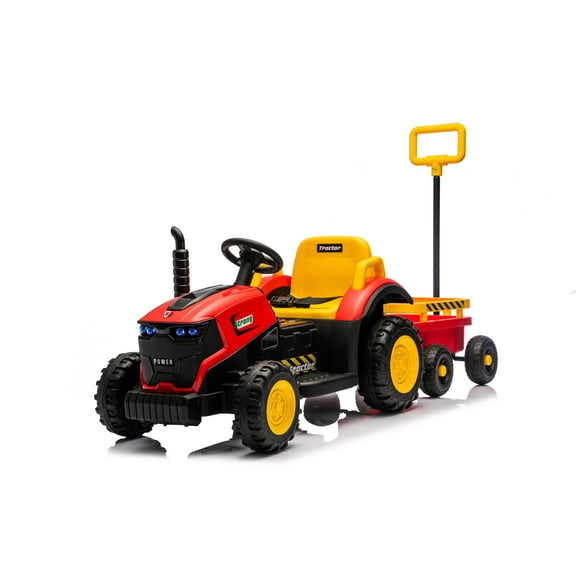 12V 2 in 1 Ride on Tractor Toys for Kids, Battery Powered Ride on Push Car with Remote Control, Tiltable & Detachable Trailer, Bright Headlight, Bluetooth, Red