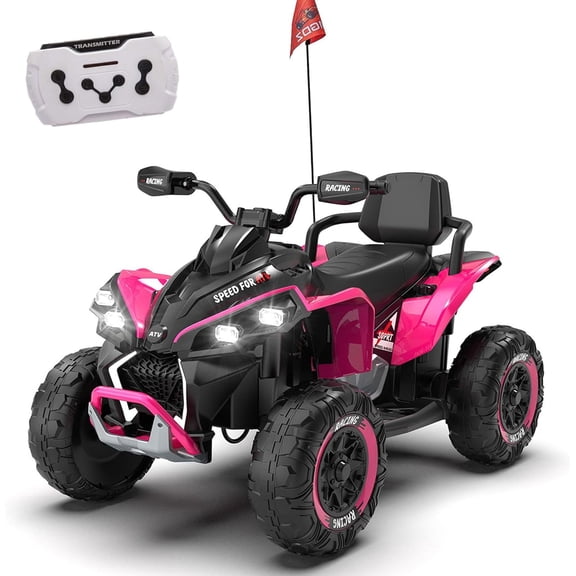 12V 2Seater Kids Ride On UTV Truck, Front Rear Shock Suspension Remote Control Electric Vehicle with LED Flashlights Music Player for 3+ Magenta