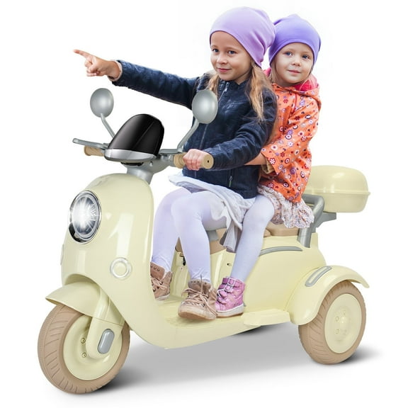 12V 2 Seater Ride on Motorcycle for Kids, Electric Moped Scooter with Storage Box, Music, LED Light, Horn, 2x50W Motors, 60 mins Ride Time, Toddler Ride on Toys for Girls Boys (Beige)