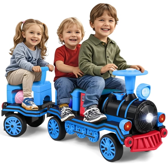 12V 2-Seater Ride On Train Electric Car for Kids with Detachable Carriage,Music,Lights,High/Low Speed,Storage,Train Honk(Blue)