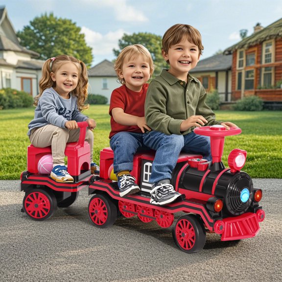 12V 2 Seater Toy Ride on Train with Detachable Carriage, Music, Train Honk, Lights, High/Low Speed and Storage (Red)