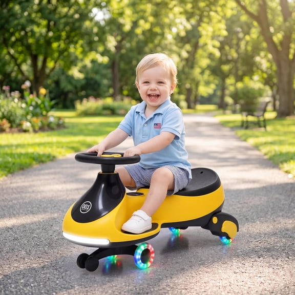 12V 2-in-1 Electric Wiggle Ride-On Car with Pedal Drive and Swing Steering, 360 Swivel Steering, Flashing Wheels,Built-In Music, Up to 4 mph, 130 lb Capacity, Indoor/Outdoor, Ages 3+,Yellow