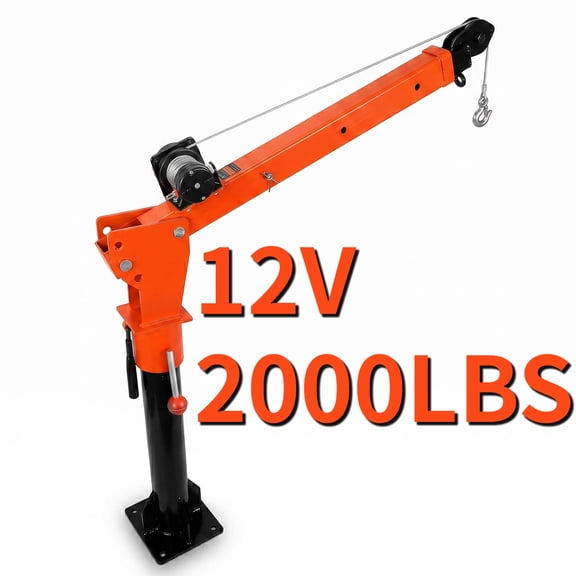 12V 2000LBS Electric Pickup Truck Crane Hoist, 360° Swivel Extendable Arm Heavy Duty Lifting Crane with 1100LBS Load Capacity for Engine, ATV, Boat and Cargo Lifting