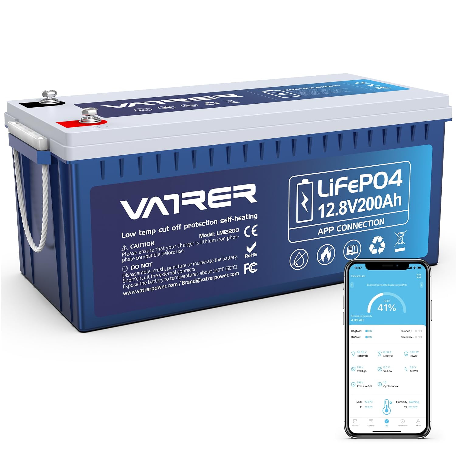 VATRER POWER 12V 200AH LiFePO4 Lithium Battery with Self-Heating, Built-in 200A BMS, Supports Low Temp Charging(-4°F), 5000+ Cycles, Perfect for RV/Camper, Solar, and Off-Grid Applications,