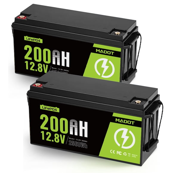 12V 200Ah LiFePO4 Battery, 2560Wh Deep Cycle Lithium Battery with 200A BMS, 15000+ Cycles, Low-Temp Cutoff Protection for RV, Marine, Solar, Off-Grid, Backup Power 2 Pack