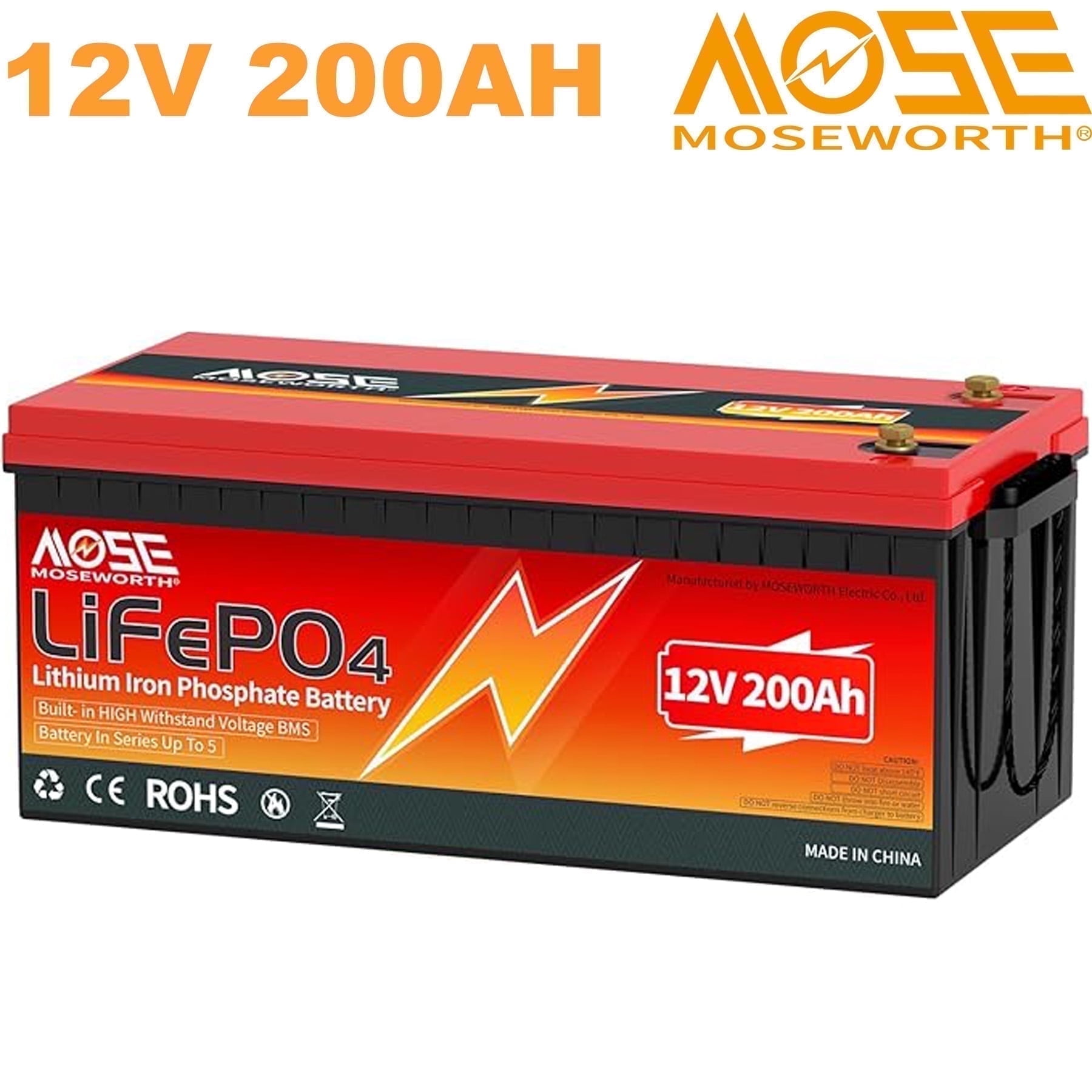 12V 200Ah LiFePO4 Battery,MOSEWORTH for RV,Solar,Home Energy Storage,Marine,Boat,Trolling Motor,Camping,15000+Deep Cycles Battery,Built in200A BMS