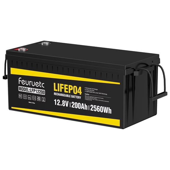 12V 200Ah LiFePO4 Lithium Battery, Built-in 200A BMS, 15000+ Deep Cycles, 2560W Max Pow, Perfect for RV, Solar, Marine, Off-Grid Energy Storage