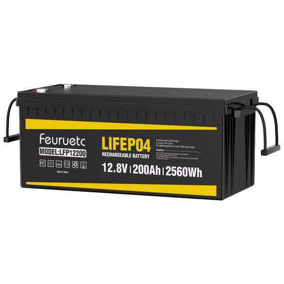 12V 200Ah LiFePO4 Lithium Battery, Built-in 200A BMS, 15000+ Deep Cycles, 2560W Max Pow, Perfect for RV, Solar, Marine, Off-Grid Energy Storage