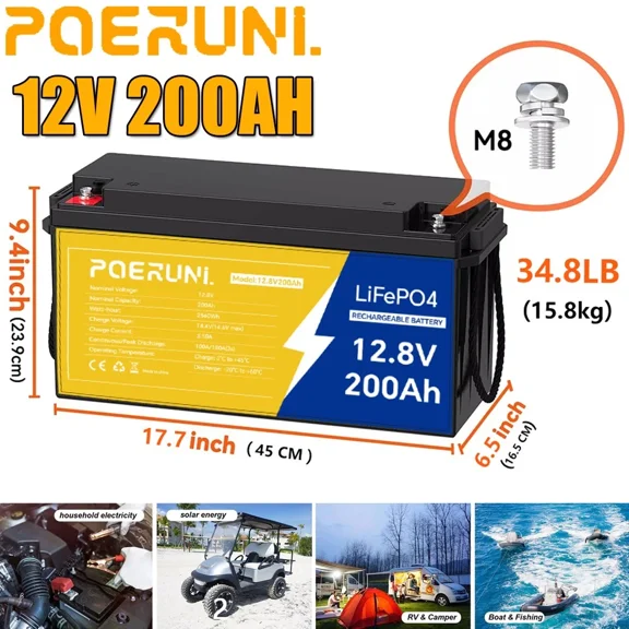 12V 200Ah Lithium LiFePO4 Battery 2560Wh Built-in BMS 15000 Deep Cycle Marine RV