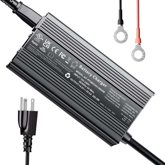 12V 20A Lithium Battery Charger, 14.6V LiFePO4 Battery Charger with Premium Aluminum Housing for Golf Cart, RV, Marine, Boat, Trolling Motor