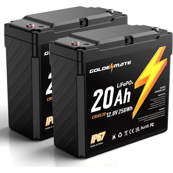 12V 20Ah LiFePO4 Battery(2 Packs), IP67 Waterproof, Lithium Battery with 5000+ Deep Cycles, Built-in BMS & Premium Cells, Ideal for Solar, Marine, Fishfinder, Off-grid camping