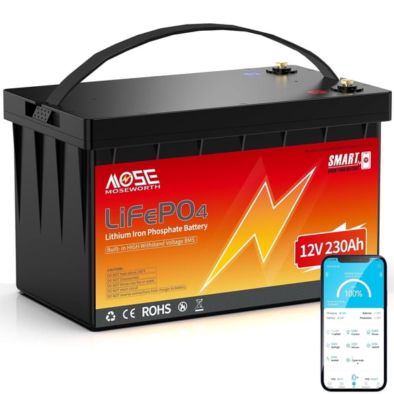 12V 230Ah LiFePO4 Lithium Battery Bluetooth,Built-in Smart 200A BMS,Max 2944Wh Energy,for RV,Solar,Trolling Motor, Marine,off Grid, Backup Power,Camper