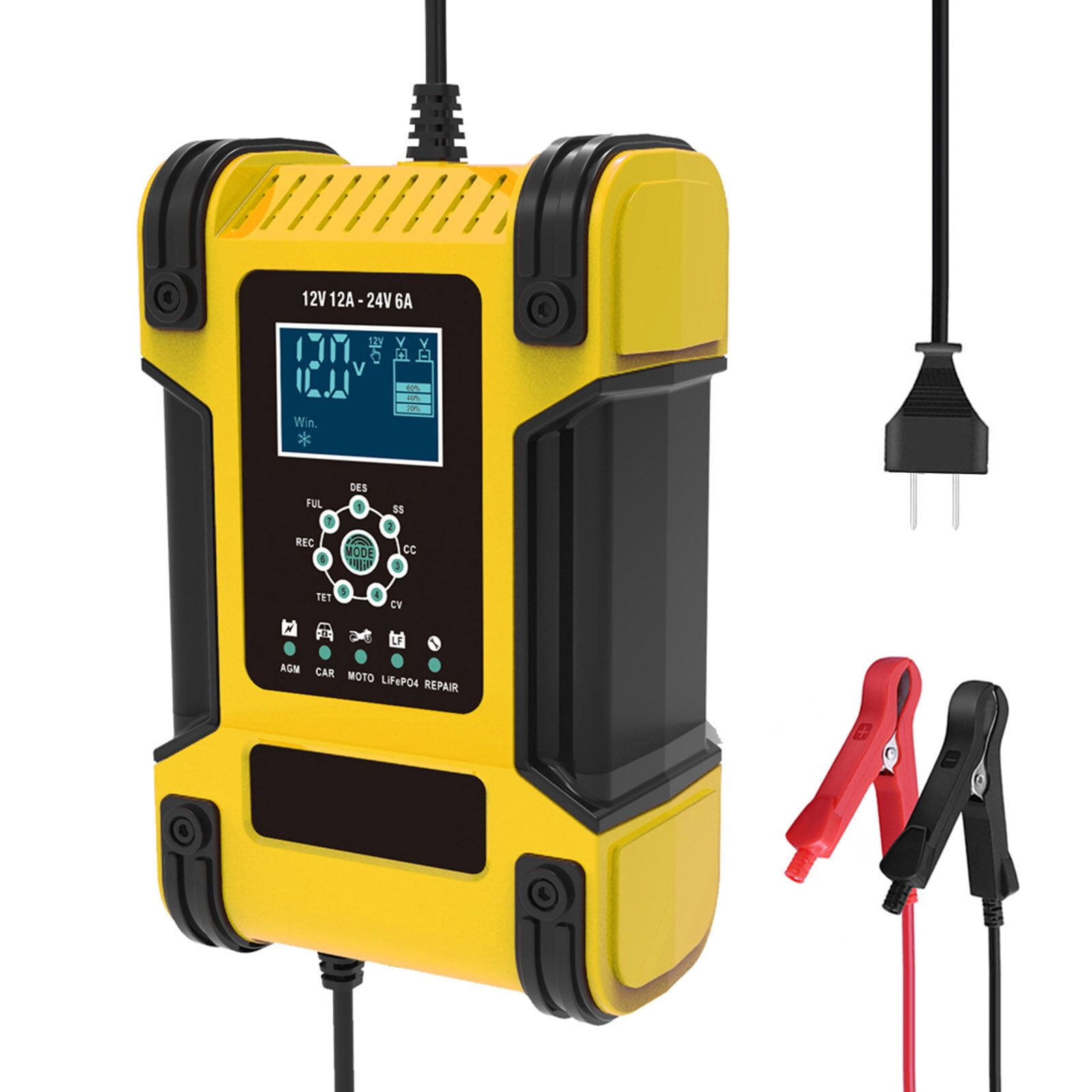 12V 24V 12A 7-stage Automatic Smart Battery Charger Multi-function Car Battery Charger Intelligent Fast Power Charging Pulse Repair Charger with Digital LCD Display