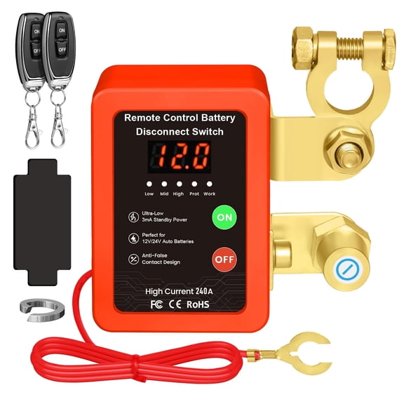 12V/24V 240A Wireless Remote Battery Disconnect Switch, Heavy-Duty Battery Isolator With Voltage LED Display & 2 Remote Fobs, For Cars, Trucks, RVs & Boats