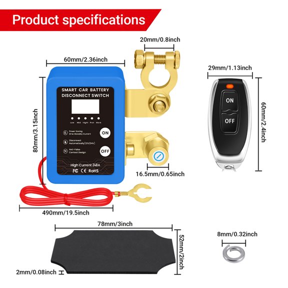 12V/24V 240A Wireless Remote Battery Disconnect Switch, Heavy-Duty Battery Isolator With Voltage LED Display & 2 Remote Fobs, For Cars, Trucks, RVs & Boats