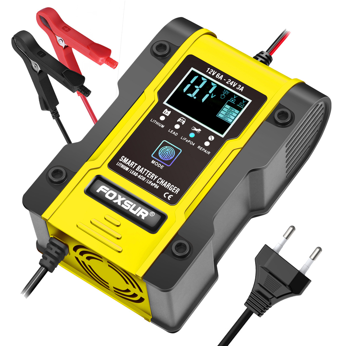 12V 24V/6A Battery Charger AutomotiveDeep Cycle  ChargerLead-Acid  Lithium Iron Phosphate Charger Suitable For Cars, Trucks, Motorcycles, Lawn Mowers, Boats, Atvs, Lithium /Lifepo4,Yellow
