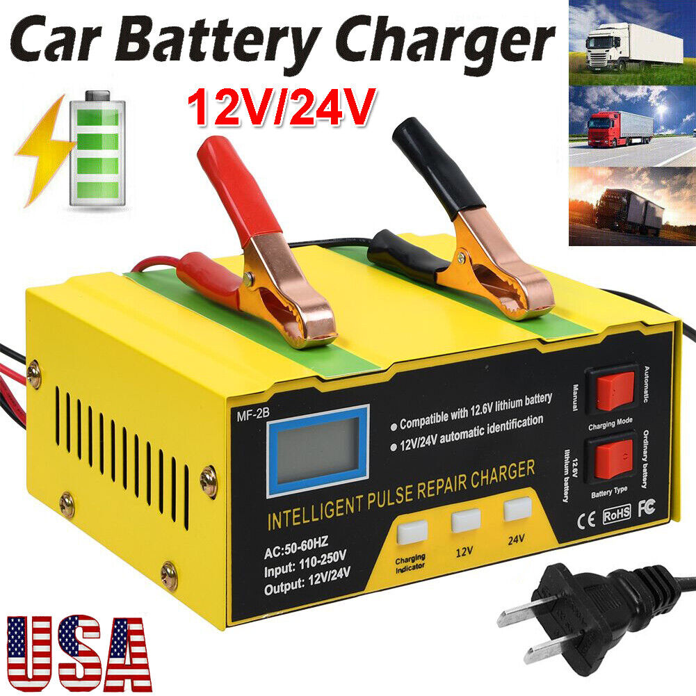 Runbaixing 12V 24V Battery Charger, Intelligent Lead Acid Battery Charger with LED Display 5 Charge Stages, Yellow