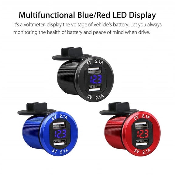 12V/24V Car Cigarette Lighter Socket Dual USB 2.1A Charger Digital LED Voltmeter