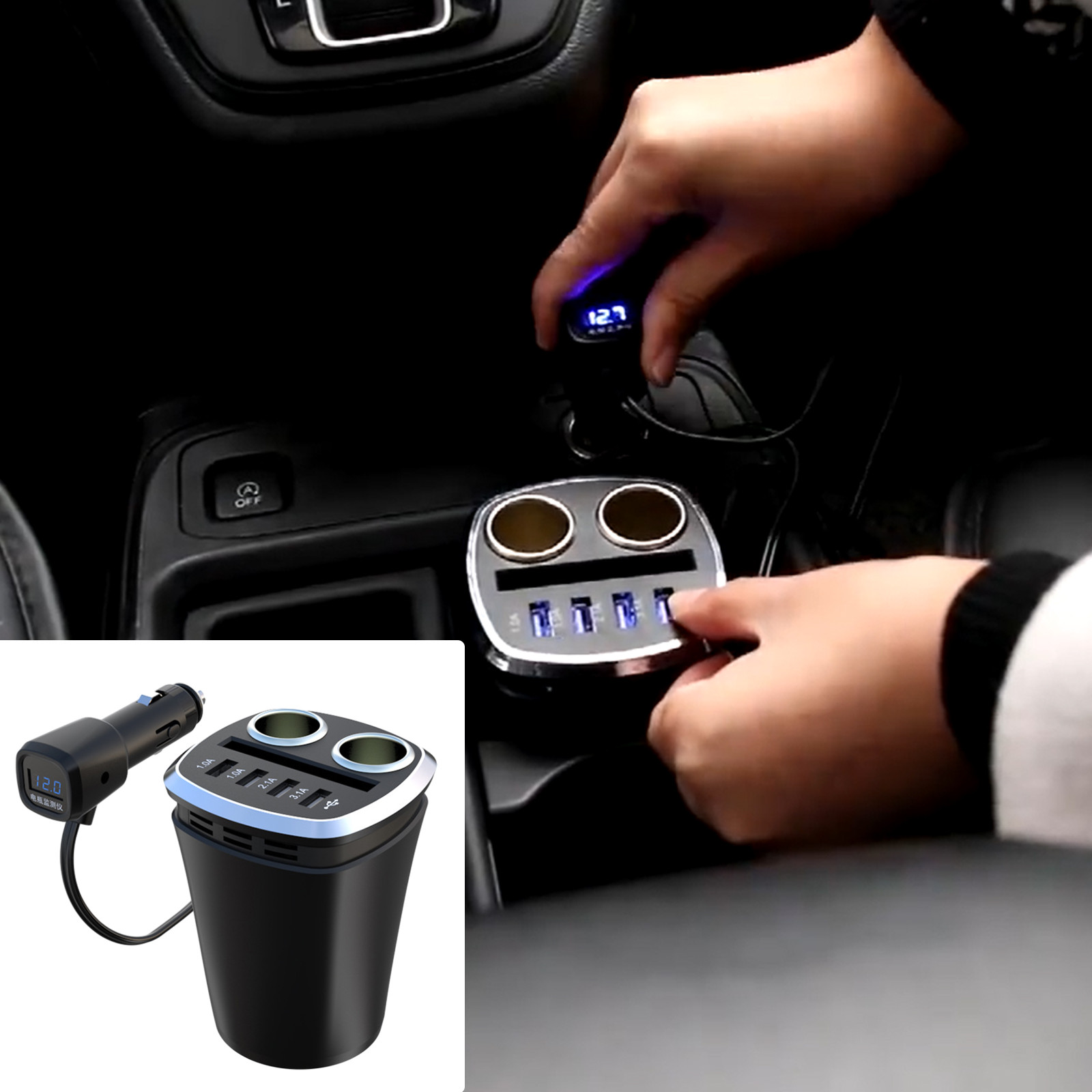 12V-24V Car Inverter, Cup Shape Power Socket, LED Voltage Display, 120W Output, Multifunction Extension Dock, for Truck/RV, In-Car Connection, Portable Power Adapter, DC to AC Converter,, Aestivo