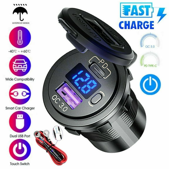 12V 24V Dual QC 3.0 USB + PD Type-C Fast Car Charger Socket Adapter Power Outlet