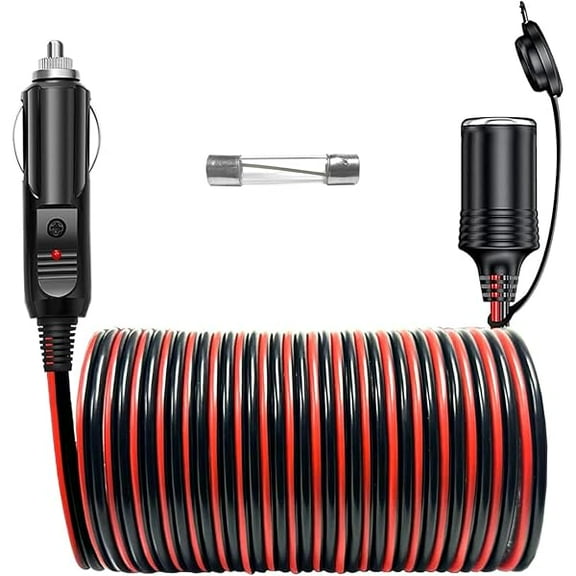 12V/24V Heavy Duty Cigarette Lighter Extension Cord 26FT Male Plug to Female Socket Adapter Extension Cable with LED Light for Car Vehicle Air Compressor Tire Pump Mini Fridge