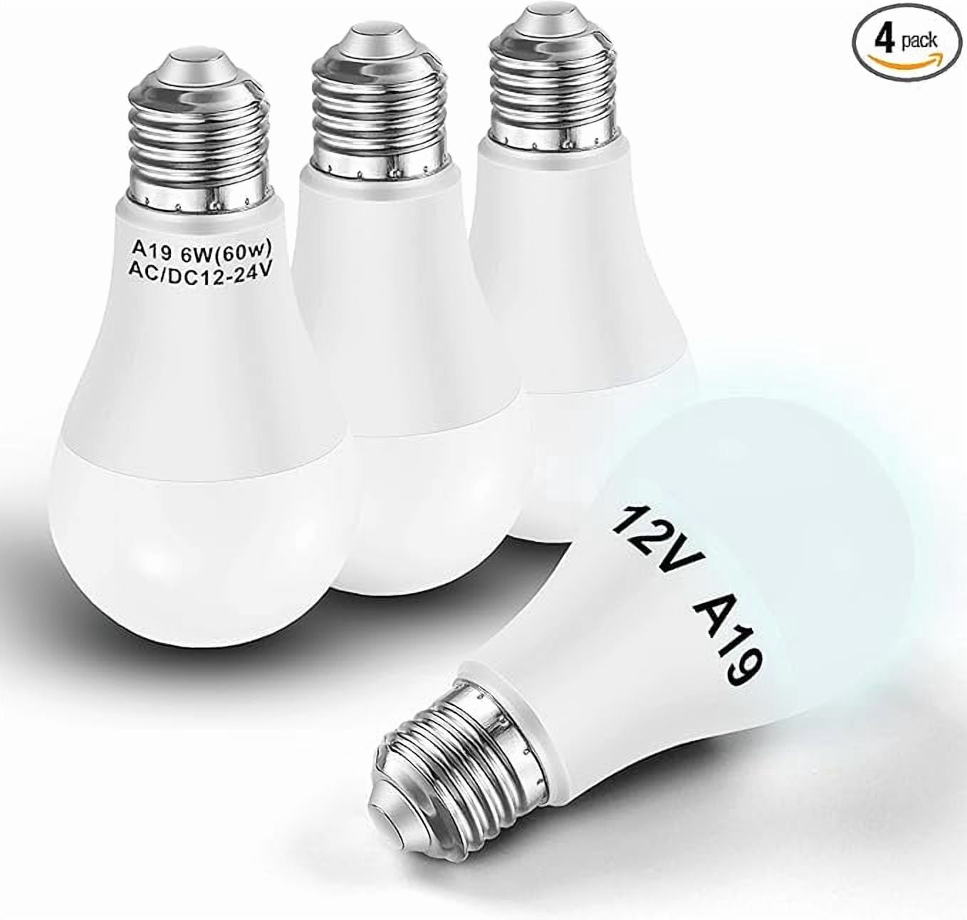 12V 24V LED Light Bulb A60 A19 50W 60Watt Equivalent, 6000K Daylight White 700lm 6W E26 Standard Base for RV Camper Boat Landscape Lighting, 4 Pack