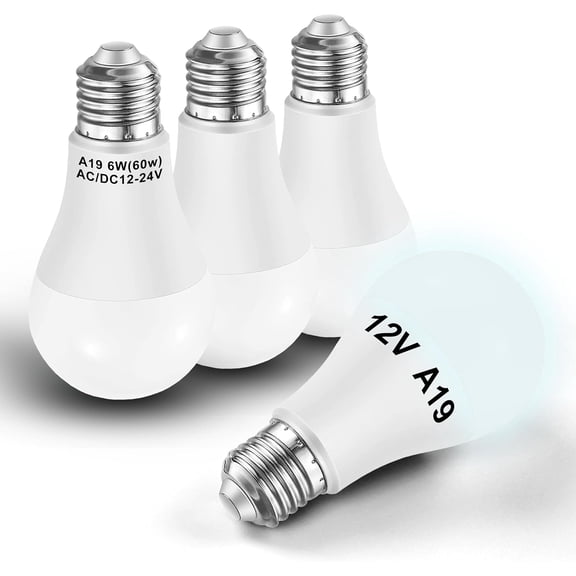 12V 24V LED Light Bulb A60 A19 50W 60Watt Halogen Equivalent 6000K Daylight White 700lm 6W E26 Standard Base for RV Camper Boat Landscape 12volt Battery Power System Off Grid Solar Lighting, 4 Pack