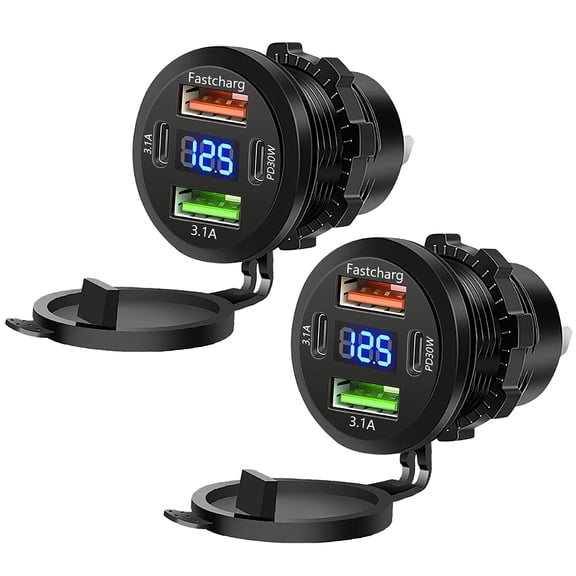 12V/24V USB Car Power Outlet with LED Voltmeter - 83W 4-Port Dual PD3.0 QC3.0 Fast Charging, Dustproof, Overload Protection for RV Boat Truck