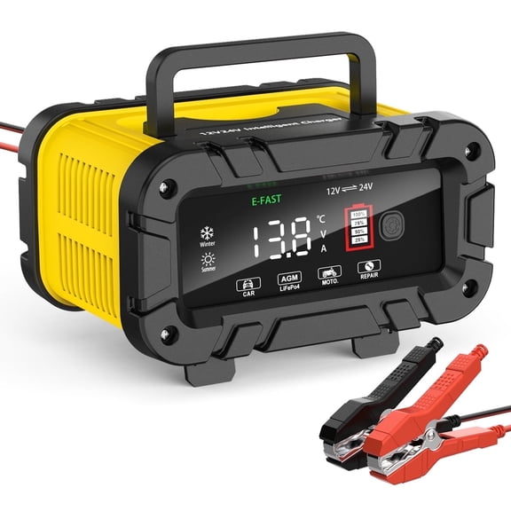 12V 24V Battery Charger, 20-Amp Portable Car Battery Charger 7-Stage Trickle Charger LiFePO4 Lead Acid Smart Battery Maintainer w/Temp Compensation for Car Truck Motorcycle Lawn Mower, Yellow