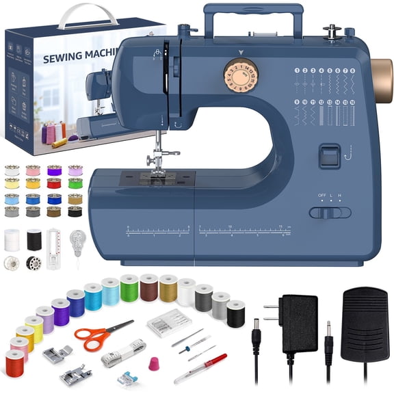 Portable Sewing Machine for Denim Hems & Home Mending, 12V/24W Corded Power, 16 Built-In Stitches, Metal Frame, Free Arm, Foot Pedal & Accessories