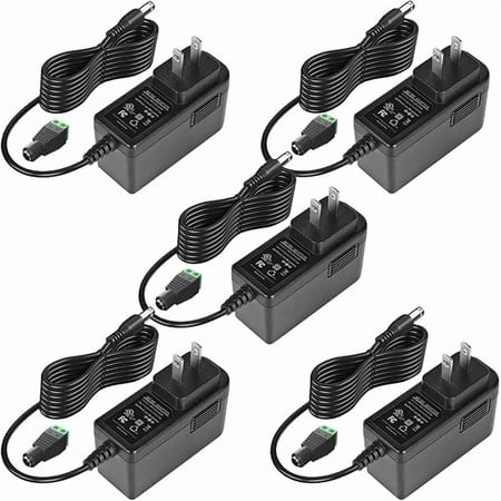 12V 2A Power Supply Adapter, -Listed, 120V AC to 12V DC Adapter Transformer, 12 Volt 2 Amp 24W Wall Charger for LED Strip Lights, Security Camera, 5.5x2.1mm US Plug (5 Pack)