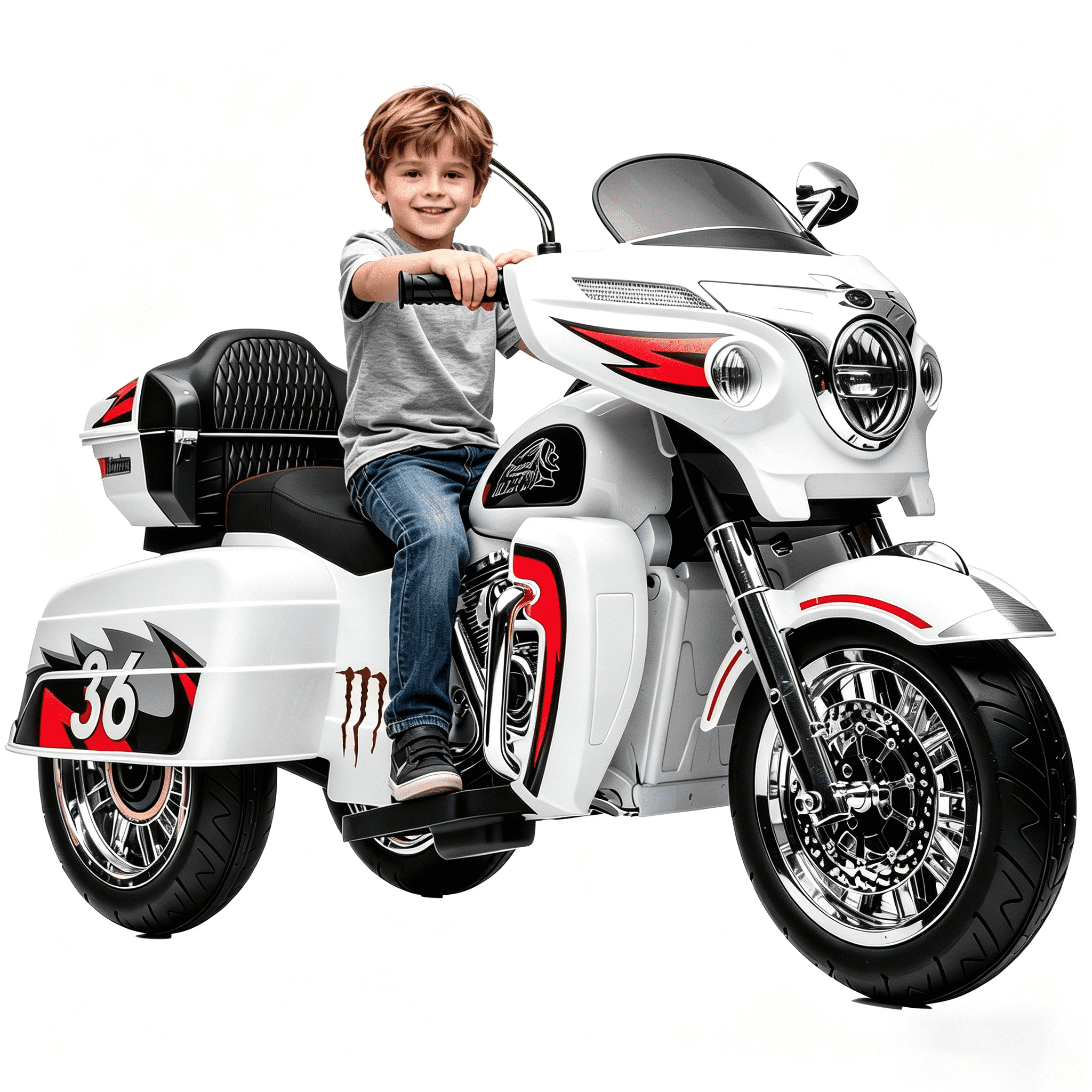 12V Motorcycle for Kids Aged 3+, 3 Wheel Kids Ride On Motorcycle, Electric Motorbike with Key Start, Storage Box, 5Mph, White