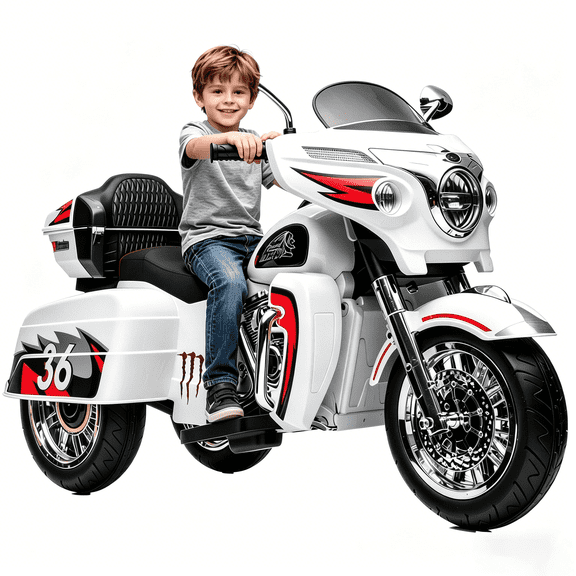 12V Motorcycle for Kids Aged 3+, 3 Wheel Kids Ride On Motorcycle, Electric Motorbike with Key Start, Storage Box, 5Mph, White