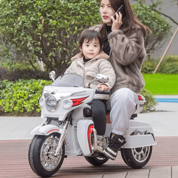 12V Motorcycle for 2 Kids Aged 3+, 3 Wheel Kids Ride On Motorcycle, Electric Motorbike with Key Start, Storage Box, 5Mph, White